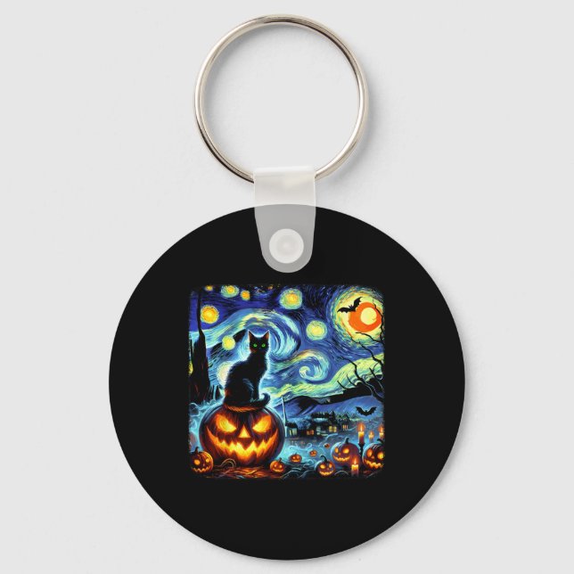 Halloween Van Gogh Starry Night Black Cat Pumpkins Keychain (Front)