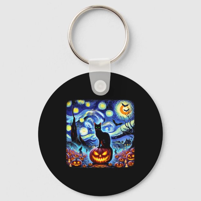 Halloween Van Gogh Starry Night Black Cat Pumpkins Keychain (Front)