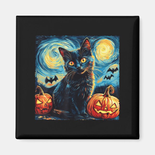Halloween Van Gogh Starry Night Black Cat Pumpkins Magnet (Front)
