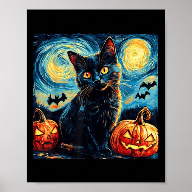 Halloween Van Gogh Starry Night Black Cat Pumpkins Poster (Front)