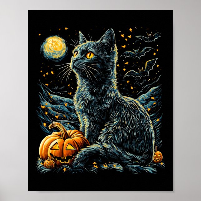 Halloween Van Gogh Starry Night Black Cat Pumpkins Poster (Front)