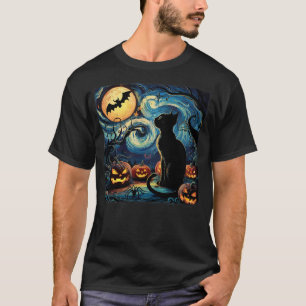 Halloween Van Gogh Starry Night Black Cat Pumpkins T-Shirt