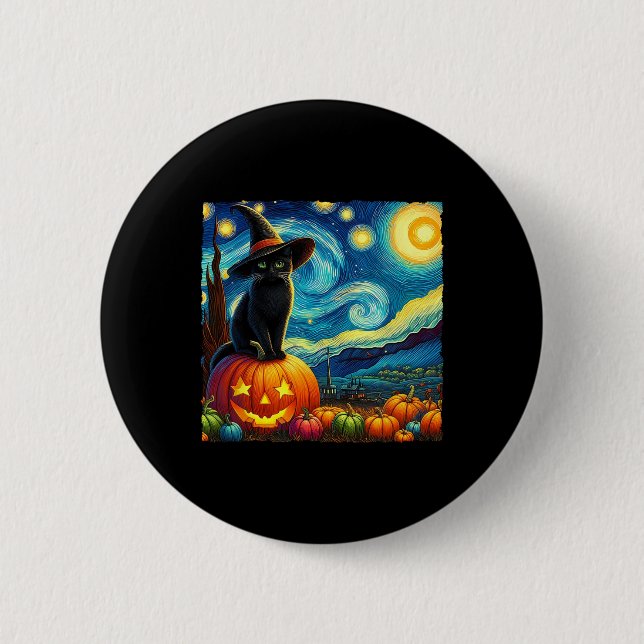Halloween Van Gogh Starry Night Black Cat Witch Ha Button (Front)