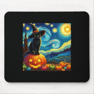 Halloween Van Gogh Starry Night Black Cat Witch Ha Mouse Pad