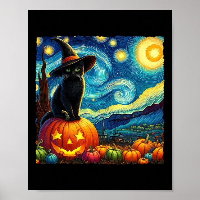 Halloween Van Gogh Starry Night Black Cat Witch Ha Poster (Front)