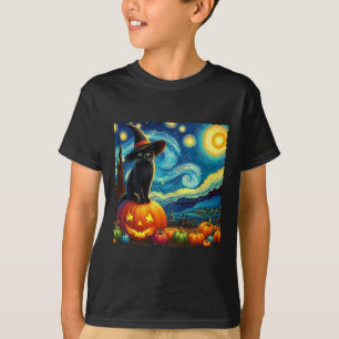 Halloween Van Gogh Starry Night Black Cat Witch Ha T-Shirt