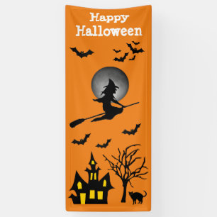 Halloween Vertical Spooky Witch Haunted House Bats Banner