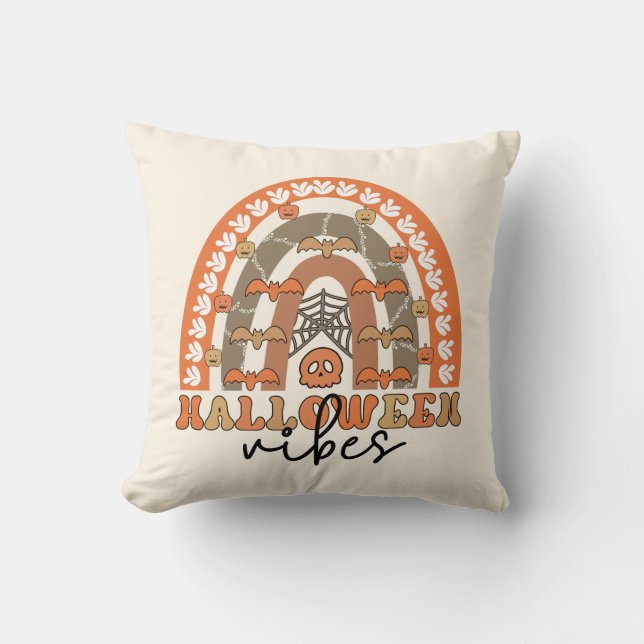 Halloween Vibes Boho Rainbow Fall Halloween Throw Pillow (Front)