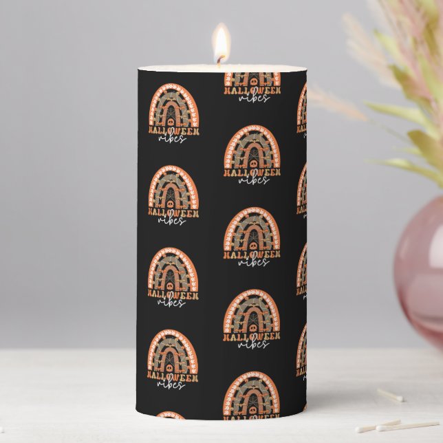 Halloween Vibes Boho Rainbow Fall Spooky Pillar Candle (In Situ)