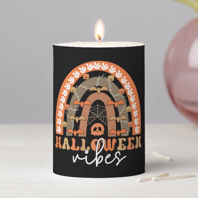 Halloween Vibes Boho Rainbow Fall Spooky Pillar Candle (In Situ)