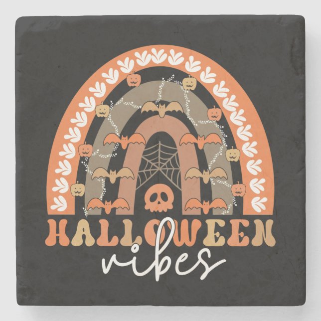 Halloween Vibes Boho Rainbow Fall Spooky Stone Coaster (Front)