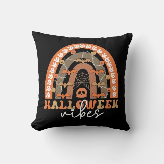 Halloween Vibes Boho Rainbow Fall Spooky Throw Pillow (Front)