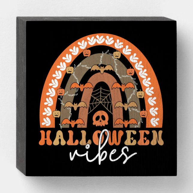 Halloween Vibes Boho Rainbow Fall Spooky Wooden Box Sign (Front Horizontal)
