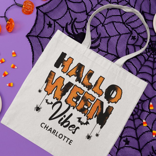 Halloween Vibes Modern Typography Custom Name Tote Bag (Creator Uploaded)