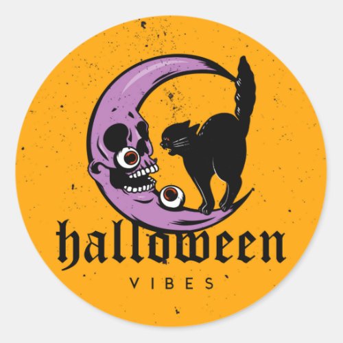 Halloween Vibes Scary Moon And Cat Grunge Style  Classic Round Sticker
