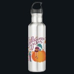 Halloween Vibes Stainless Steel Water Bottle<br><div class="desc">Halloween illustration with a gigantic pumpkin,  people,  small pumpkins,  fall leaves,  halloween vibes lettering. Orange,  purple and green colors. Thanksgiving holiday print. Giving thanks illustration with two people (man and woman) holding pumpkins.</div>