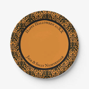 Halloween Victorian Brocade Damask Black on Orange Paper Plates