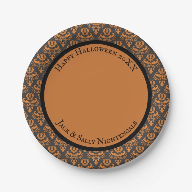 Halloween Victorian Damask Black Orange Paper Plates (Front)