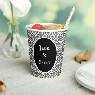 Halloween Victorian Damask Brocade Black on White Paper Cups