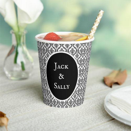 Halloween Victorian Damask Brocade Black on White  Paper Cups