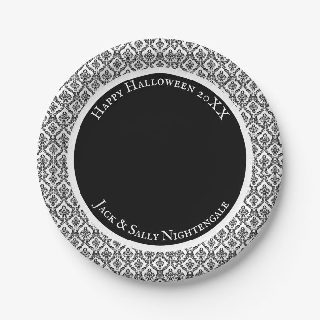 Halloween Victorian Damask Brocade Black on White  Paper Plates (Front)