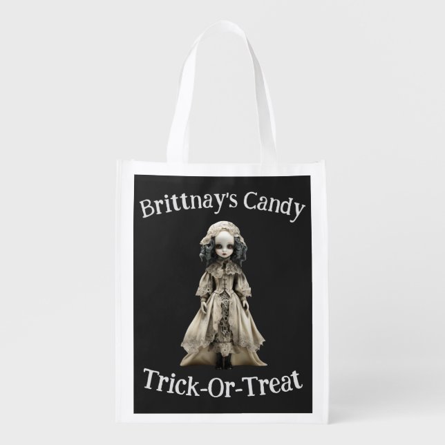 Halloween Victorian Doll Trick-or-Treat Grocery Bag (Front)