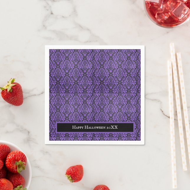 Halloween Victorian Purple & Black Brocade Damask Napkins (Insitu)