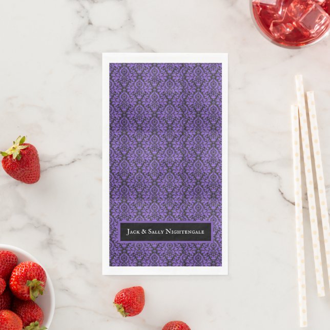 Halloween Victorian Purple & Black Brocade Damask Paper Guest Towels (Insitu)