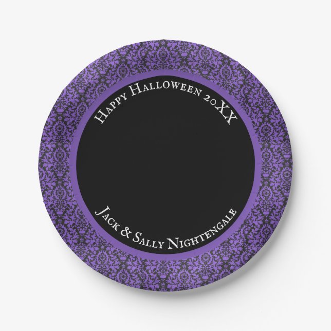 Halloween Victorian Purple & Black Brocade Damask Paper Plates (Front)