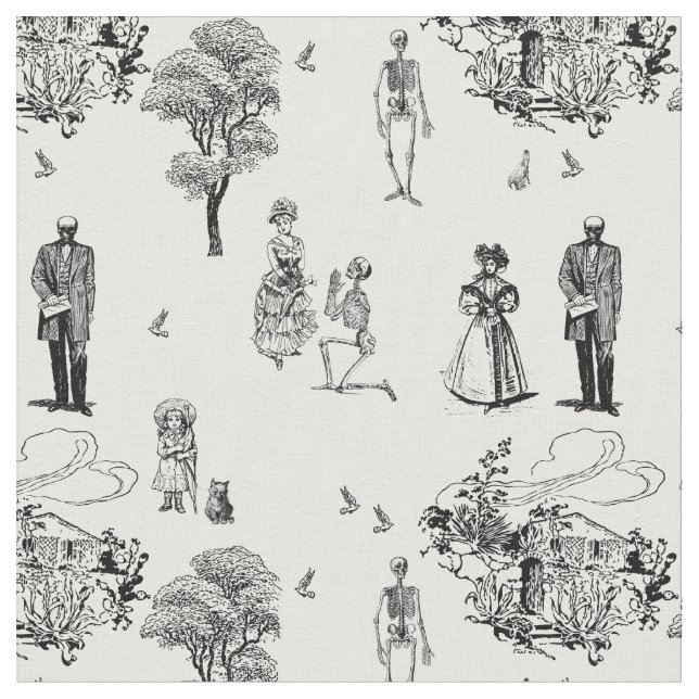 halloween victorian skeleton toile skull fabric (Close Up)