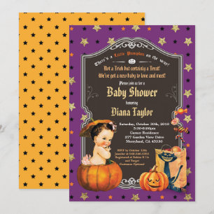 Halloween vintage baby girl shower purple gold invitation