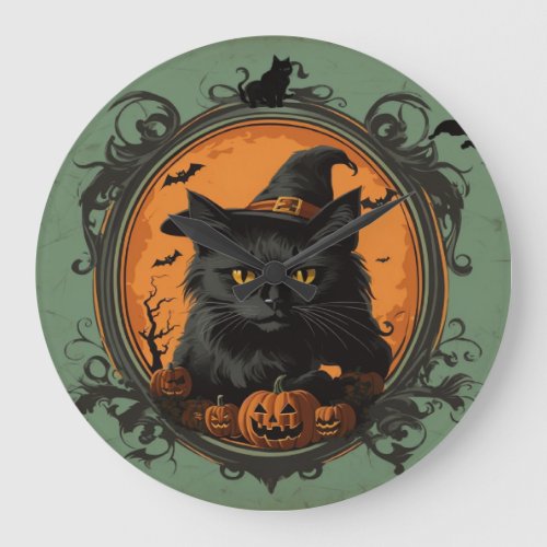 Halloween Vintage Black Cat  Large Clock