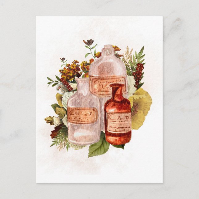 Halloween Vintage Bottles Autumn Flowers Postcard (Front)