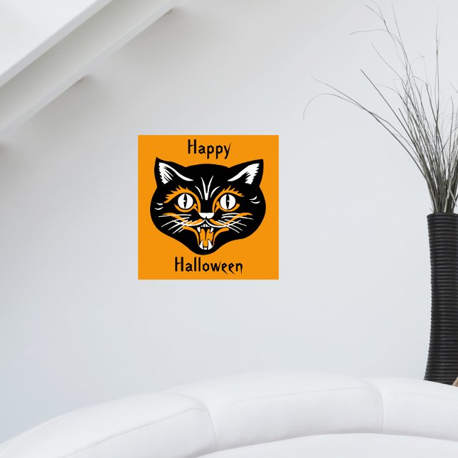 Halloween Vintage Cat Face Poster (Vintage Happy Halloween black smiling cat face on bright orange wall poster.)
