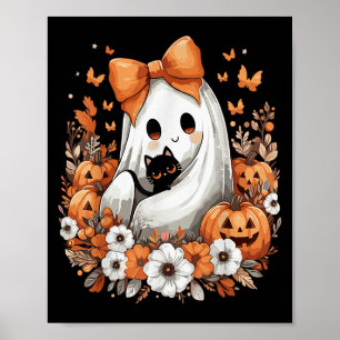 Halloween Vintage Ghost With Black Cat Pumpkin Flo Poster