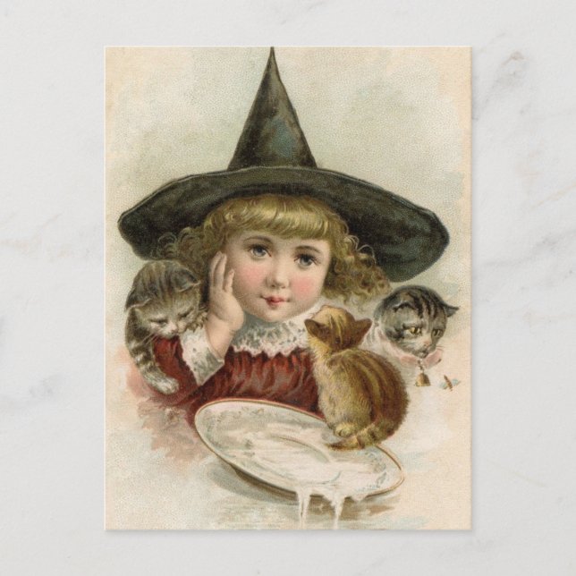 Halloween Vintage Girl Witch Kittens Postcard (Front)
