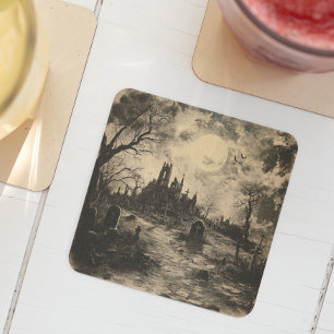 Halloween Vintage Graveyard Tombstone Square Paper Coaster