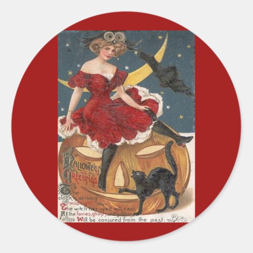 Halloween Vintage Lady in Red on Jack o Lantern Classic Round Sticker