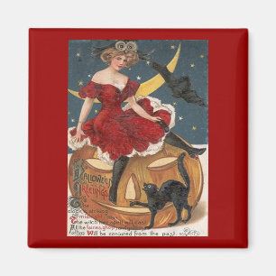 Halloween Vintage Lady in Red on Jack o' Lantern Magnet