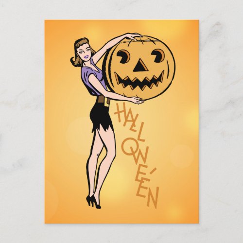 Halloween Vintage Pin Up Girl With Pumpkin Postcard