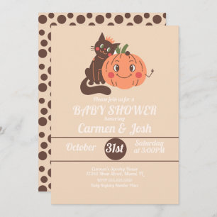 Halloween Vintage Pumpkin Cat Retro Baby Shower Invitation