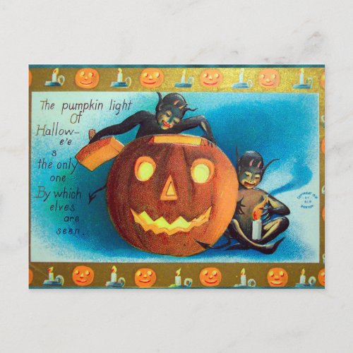 Halloween Vintage pumpkin elves Holiday postcard