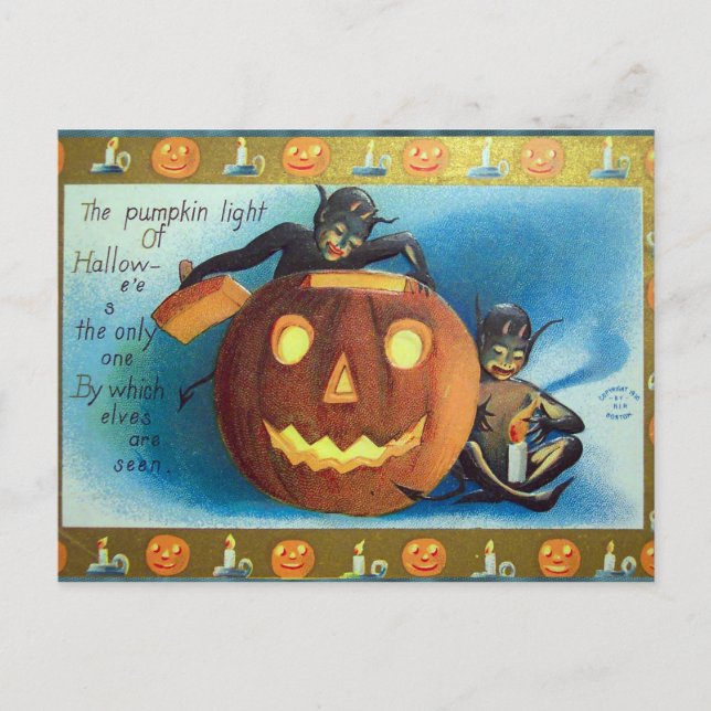 Halloween Vintage pumpkin elves Holiday postcard (Front)