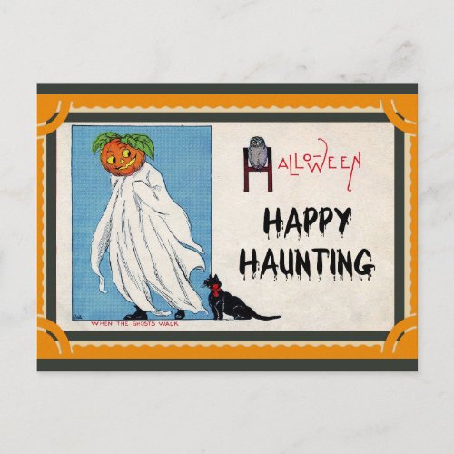 Halloween Vintage Pumpkin Ghost Happy Haunting Postcard