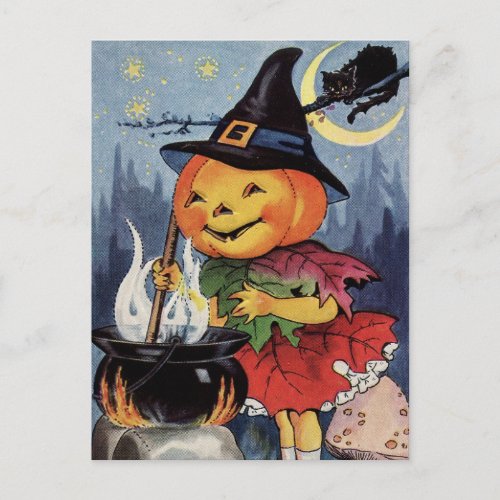 Halloween Vintage Pumpkin Witch MoonPostcard Holiday Postcard