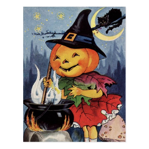 Halloween Vintage Pumpkin Witch MoonPostcard Postcard