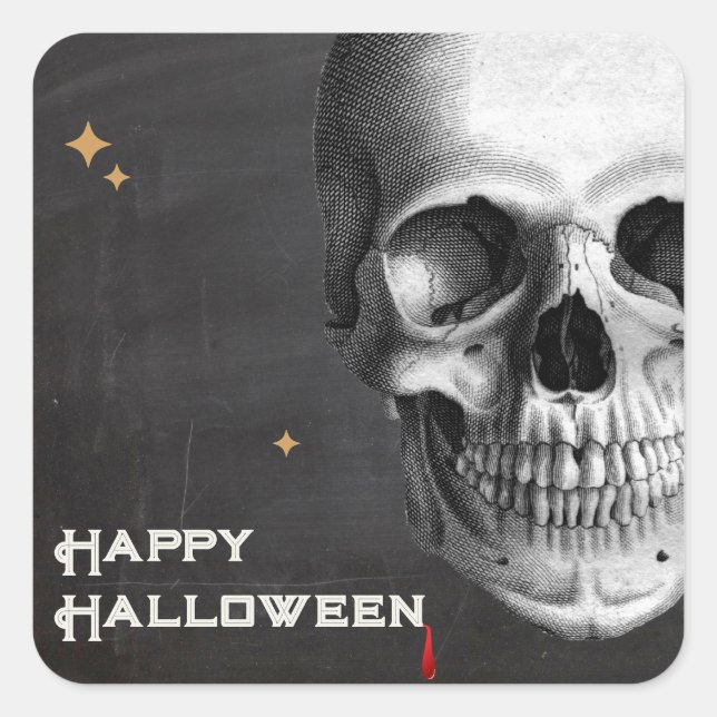 Halloween Vintage Skull Etching Black Square Sticker (Front)