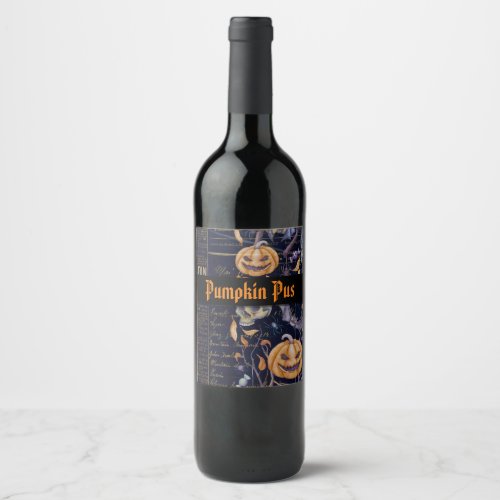 Halloween Vintage Spooky Pumpkin Pus Wine Label