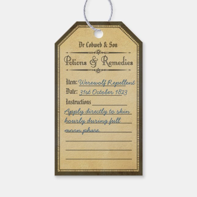 Halloween vintage werewolf repellant potion tags (Front)