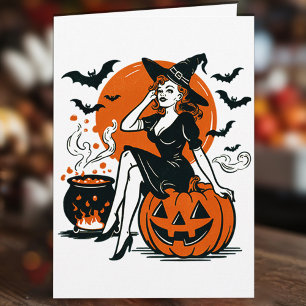 Halloween Vintage Witch on Pumpkin Bats Cauldron Card